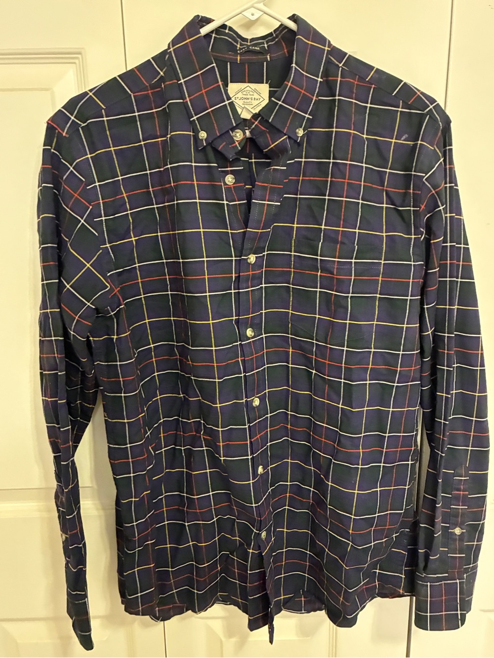 St. John's Bay Navy Plaid Button-Down Shirt with Red & Yellow Grid